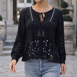 NWOT ADIVA Black Eyelet Top with Tassels Sz Medium